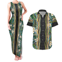 Hawaiian Art Flower Tribal with Lei Couples Matching Tank Maxi Dress and Hawaiian Shirt Palaka Pattern Black Color LT03 Black - Polynesian Pride