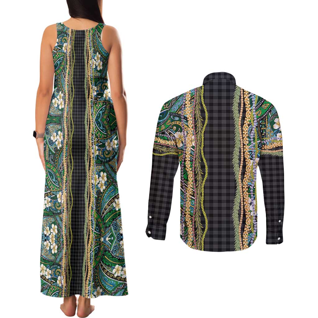Hawaiian Art Flower Tribal with Lei Couples Matching Tank Maxi Dress and Long Sleeve Button Shirt Palaka Pattern Black Color - Polynesian Pride