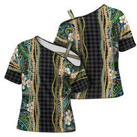 Hawaiian Art Flower Tribal with Lei Cross Shoulder Shirt Palaka Pattern Black Color - Polynesian Pride