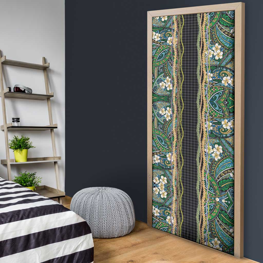 Hawaiian Art Flower Tribal with Lei Door Cover Palaka Pattern Black Color - Polynesian Pride