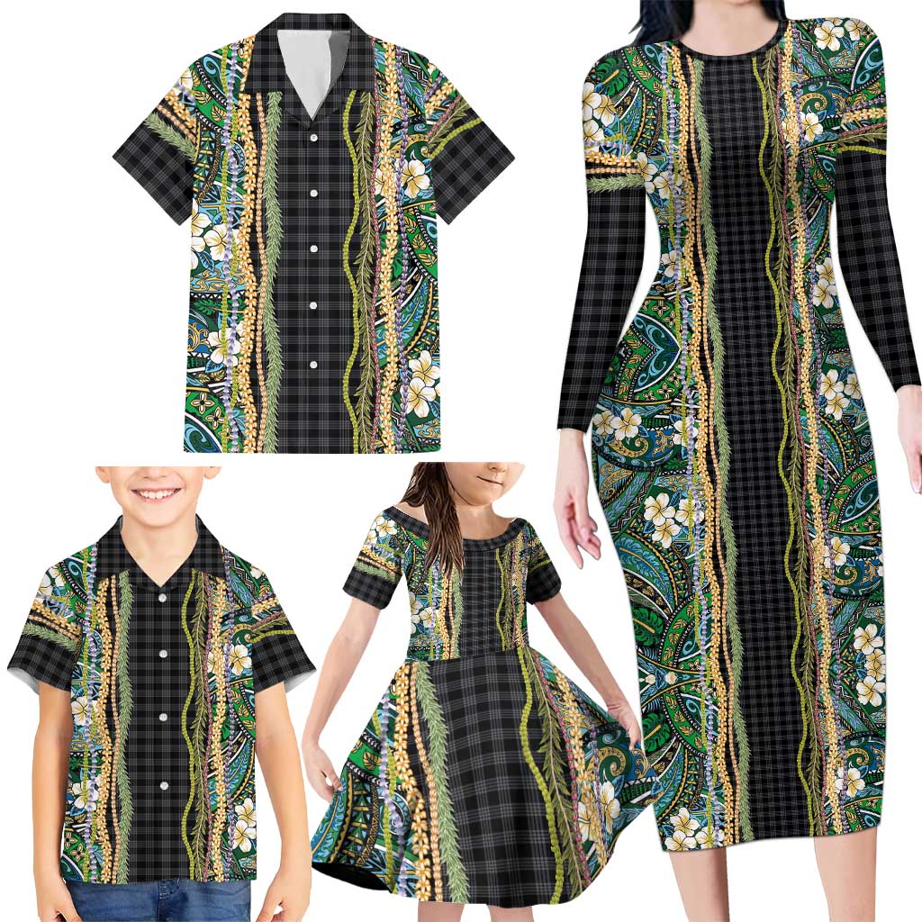 Hawaiian Art Flower Tribal with Lei Family Matching Long Sleeve Bodycon Dress and Hawaiian Shirt Palaka Pattern Black Color LT03 - Polynesian Pride