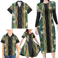Hawaiian Art Flower Tribal with Lei Family Matching Long Sleeve Bodycon Dress and Hawaiian Shirt Palaka Pattern Black Color LT03 - Polynesian Pride