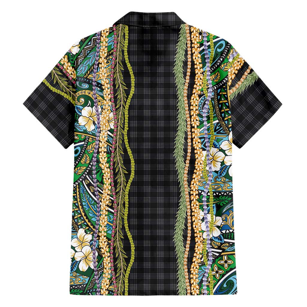 Hawaiian Art Flower Tribal with Lei Family Matching Long Sleeve Bodycon Dress and Hawaiian Shirt Palaka Pattern Black Color LT03 - Polynesian Pride