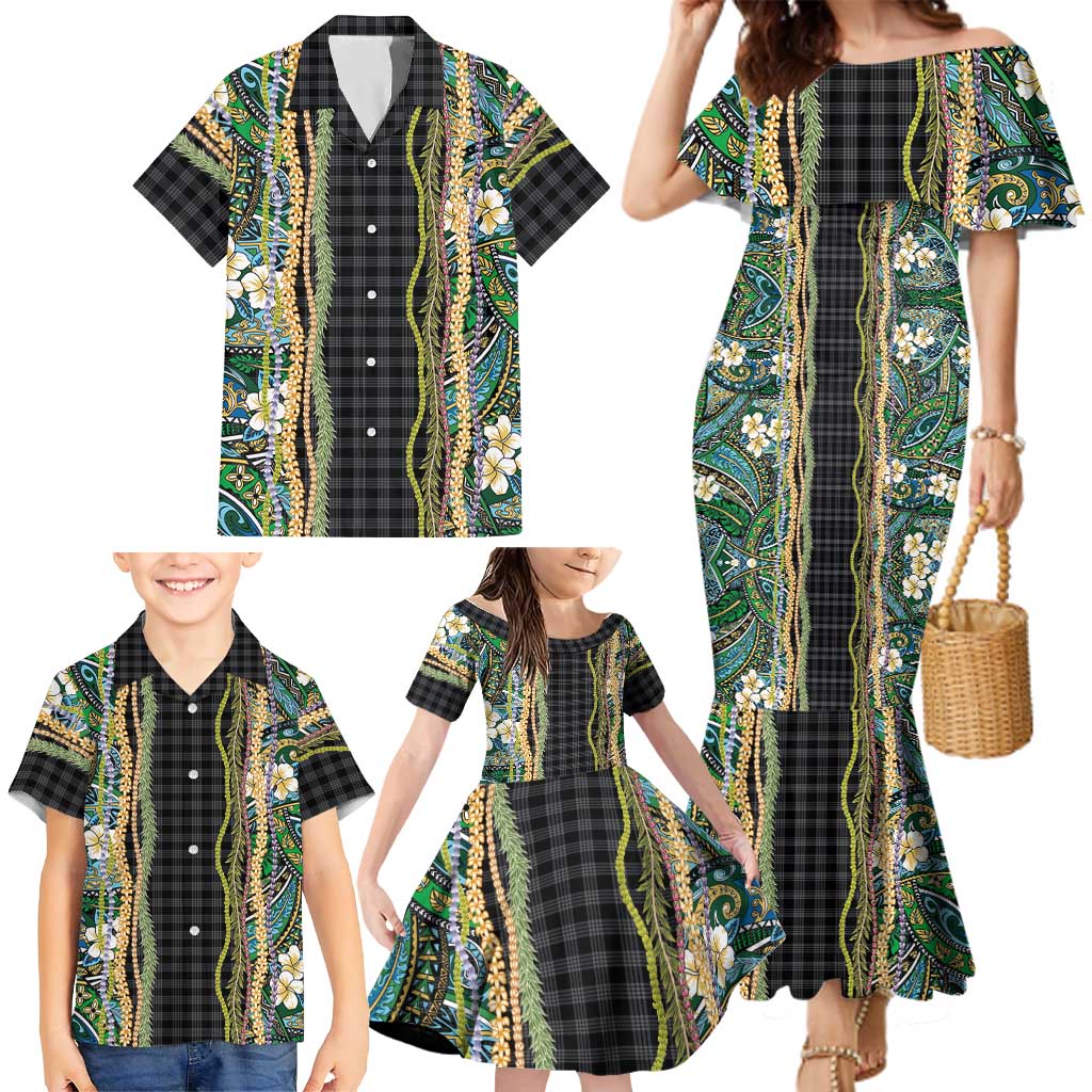 Hawaiian Art Flower Tribal with Lei Family Matching Mermaid Dress and Hawaiian Shirt Palaka Pattern Black Color - Polynesian Pride
