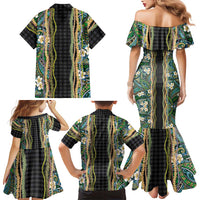 Hawaiian Art Flower Tribal with Lei Family Matching Mermaid Dress and Hawaiian Shirt Palaka Pattern Black Color LT03 - Polynesian Pride