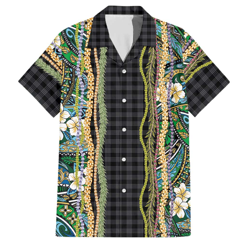 Hawaiian Art Flower Tribal with Lei Family Matching Mermaid Dress and Hawaiian Shirt Palaka Pattern Black Color LT03 Dad's Shirt - Short Sleeve Black - Polynesian Pride