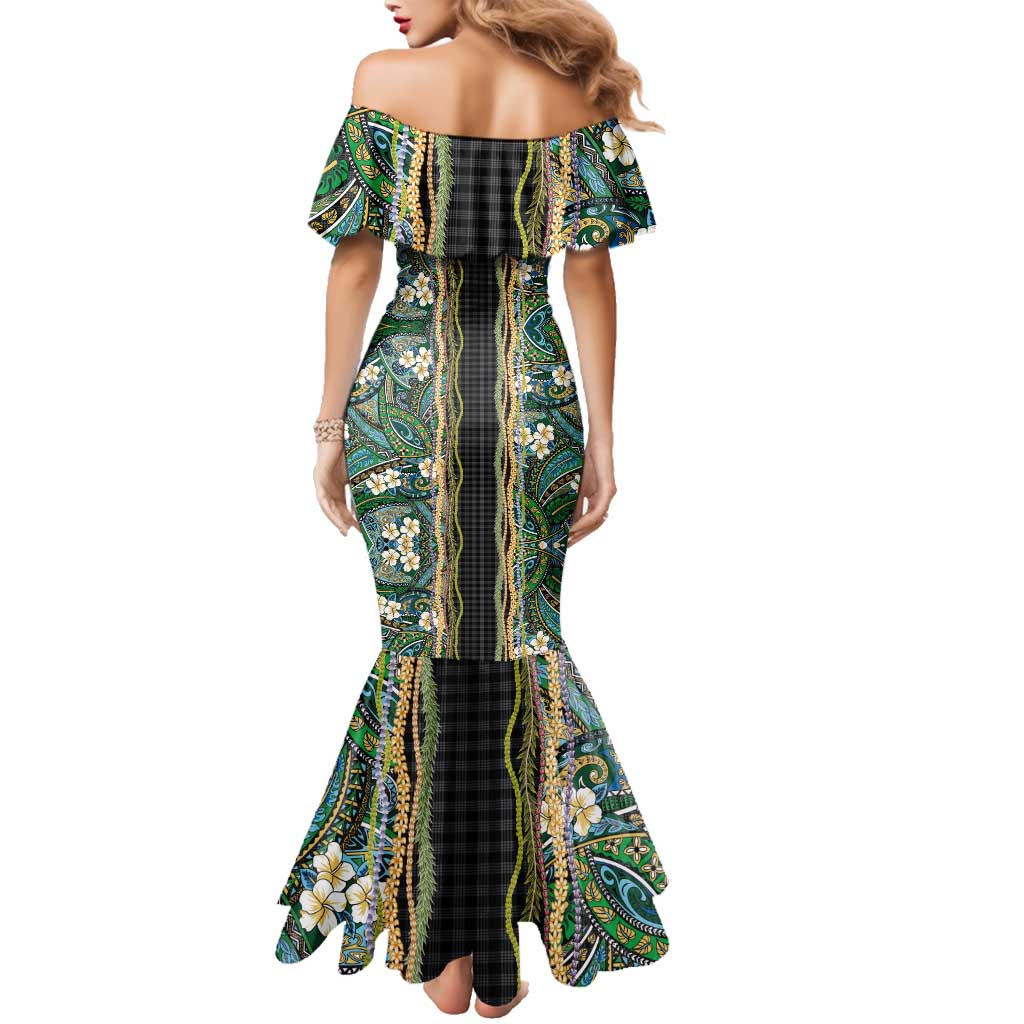 Hawaiian Art Flower Tribal with Lei Family Matching Mermaid Dress and Hawaiian Shirt Palaka Pattern Black Color LT03 - Polynesian Pride
