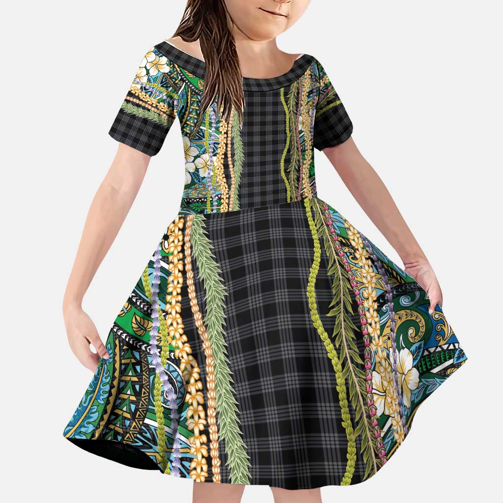 Hawaiian Art Flower Tribal with Lei Family Matching Off The Shoulder Long Sleeve Dress and Hawaiian Shirt Palaka Pattern Black Color LT03 Daughter's Dress Black - Polynesian Pride