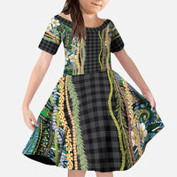 Hawaiian Art Flower Tribal with Lei Family Matching Off The Shoulder Long Sleeve Dress and Hawaiian Shirt Palaka Pattern Black Color LT03 Daughter's Dress Black - Polynesian Pride