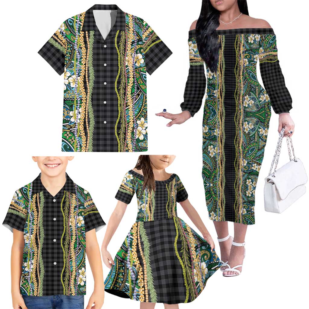 Hawaiian Art Flower Tribal with Lei Family Matching Off The Shoulder Long Sleeve Dress and Hawaiian Shirt Palaka Pattern Black Color - Polynesian Pride