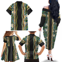Hawaiian Art Flower Tribal with Lei Family Matching Off The Shoulder Long Sleeve Dress and Hawaiian Shirt Palaka Pattern Black Color LT03 - Polynesian Pride