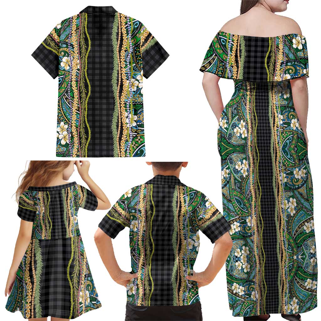 Hawaiian Art Flower Tribal with Lei Family Matching Off Shoulder Maxi Dress and Hawaiian Shirt Palaka Pattern Black Color LT03 - Polynesian Pride