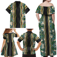 Hawaiian Art Flower Tribal with Lei Family Matching Off Shoulder Maxi Dress and Hawaiian Shirt Palaka Pattern Black Color LT03 - Polynesian Pride