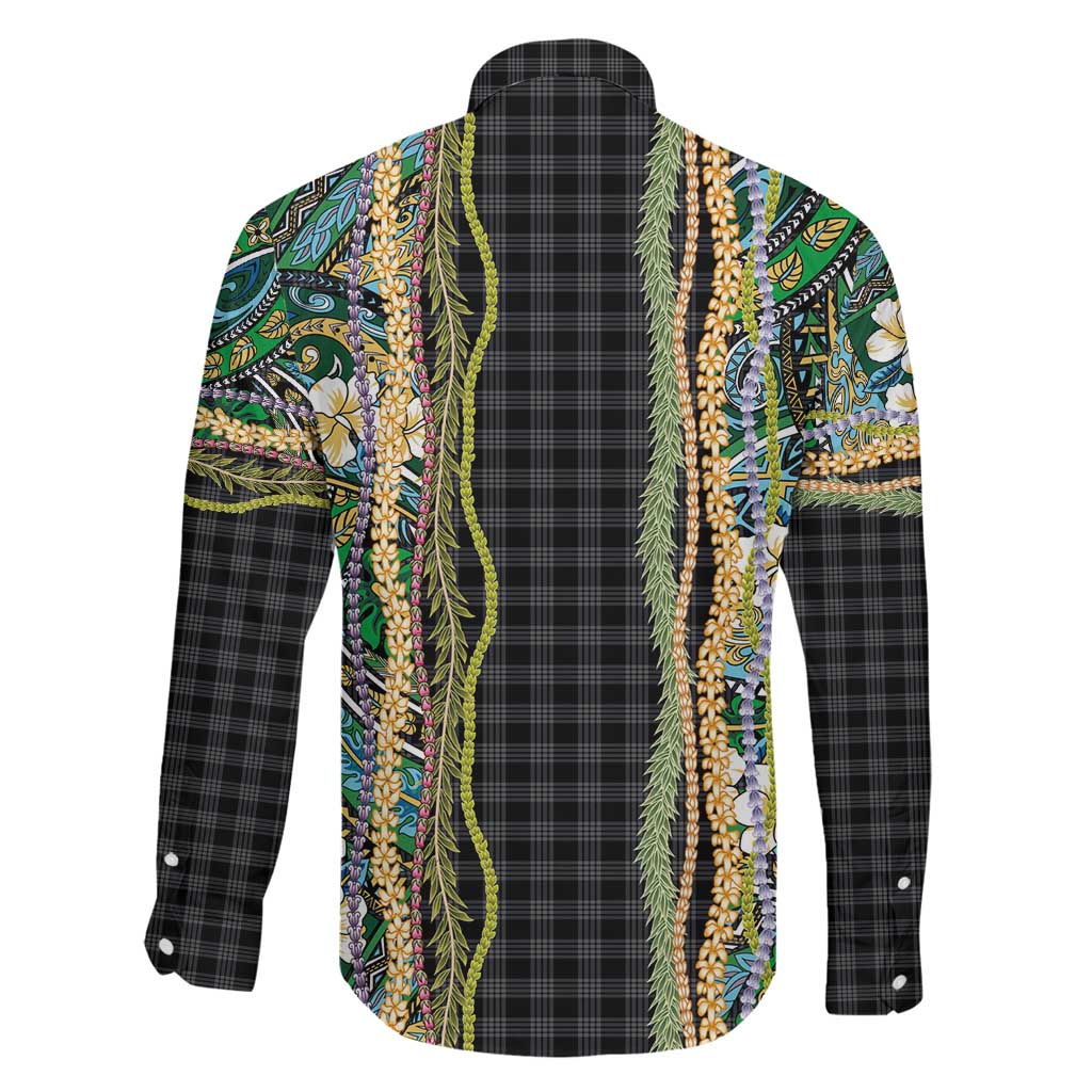Hawaiian Art Flower Tribal with Lei Family Matching Off Shoulder Maxi Dress and Hawaiian Shirt Palaka Pattern Black Color LT03 - Polynesian Pride
