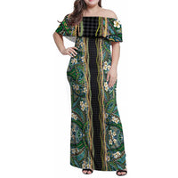 Hawaiian Art Flower Tribal with Lei Family Matching Off Shoulder Maxi Dress and Hawaiian Shirt Palaka Pattern Black Color LT03 Mom's Dress Black - Polynesian Pride