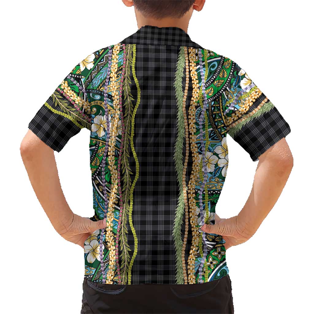 Hawaiian Art Flower Tribal with Lei Family Matching Off Shoulder Short Dress and Hawaiian Shirt Palaka Pattern Black Color LT03 - Polynesian Pride