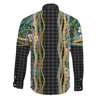 Hawaiian Art Flower Tribal with Lei Family Matching Off Shoulder Short Dress and Hawaiian Shirt Palaka Pattern Black Color LT03 - Polynesian Pride