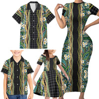Hawaiian Art Flower Tribal with Lei Family Matching Short Sleeve Bodycon Dress and Hawaiian Shirt Palaka Pattern Black Color LT03 - Polynesian Pride