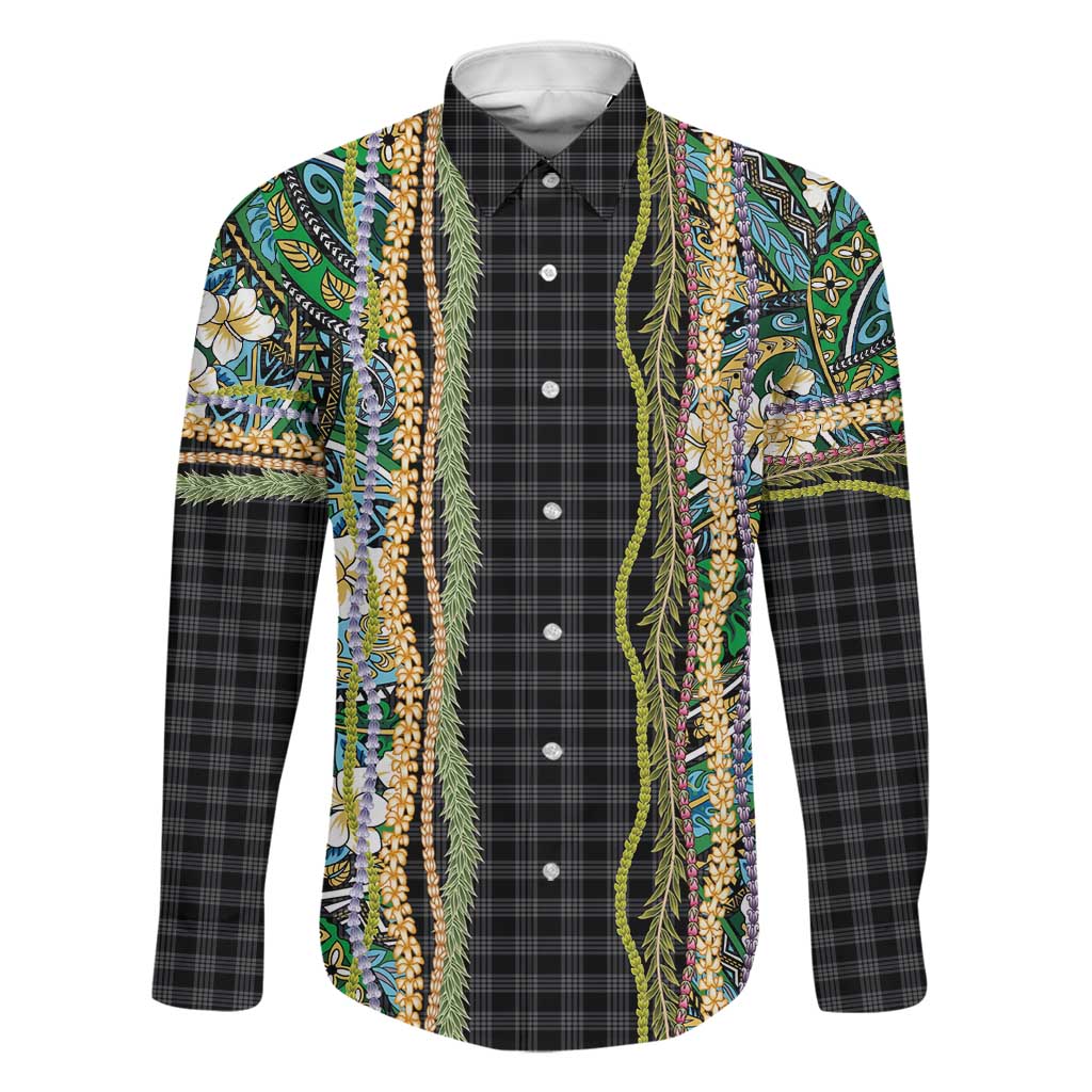 Hawaiian Art Flower Tribal with Lei Family Matching Summer Maxi Dress and Hawaiian Shirt Palaka Pattern Black Color LT03 Dad's Shirt - Long Sleeve Black - Polynesian Pride