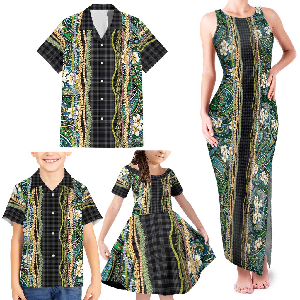 Hawaiian Art Flower Tribal with Lei Family Matching Tank Maxi Dress and Hawaiian Shirt Palaka Pattern Black Color LT03 - Polynesian Pride