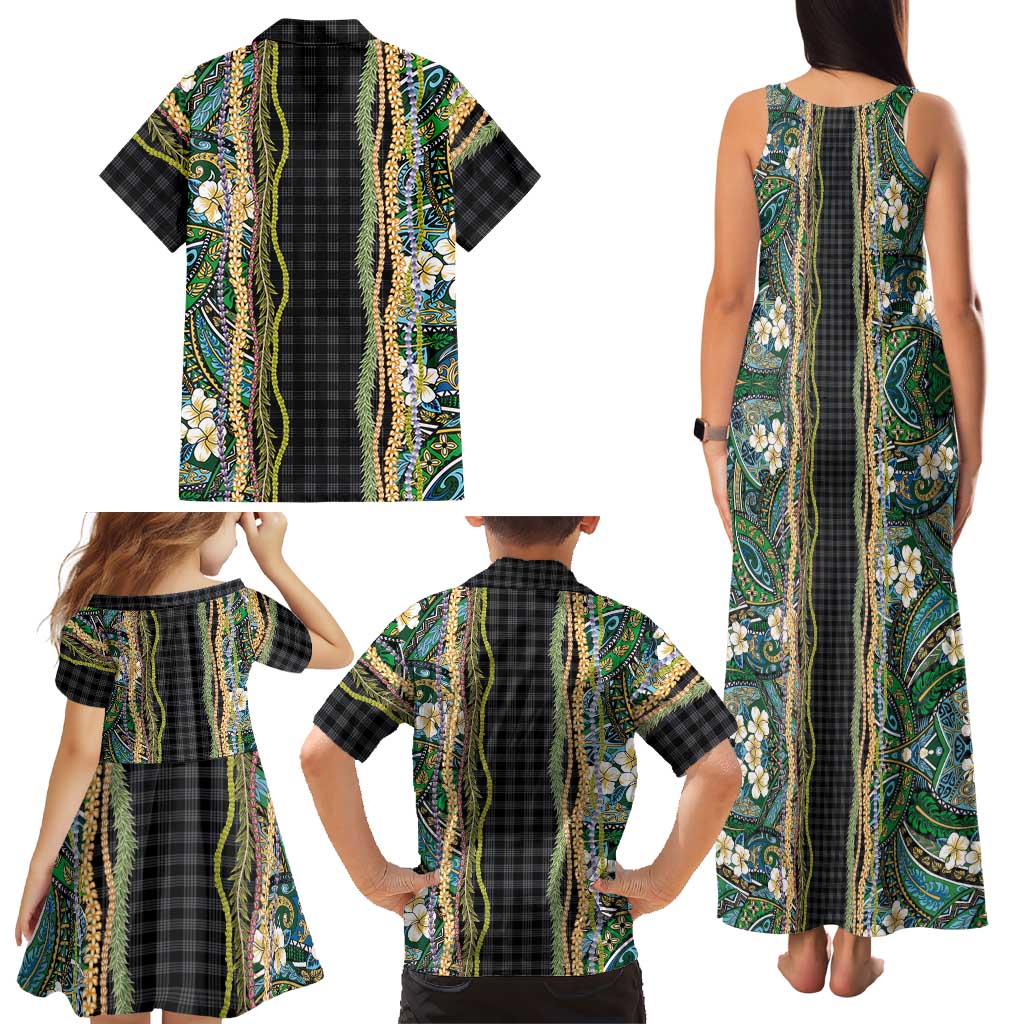 Hawaiian Art Flower Tribal with Lei Family Matching Tank Maxi Dress and Hawaiian Shirt Palaka Pattern Black Color LT03 - Polynesian Pride