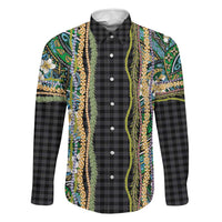 Hawaiian Art Flower Tribal with Lei Family Matching Tank Maxi Dress and Hawaiian Shirt Palaka Pattern Black Color LT03 Dad's Shirt - Long Sleeve Black - Polynesian Pride