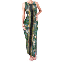 Hawaiian Art Flower Tribal with Lei Family Matching Tank Maxi Dress and Hawaiian Shirt Palaka Pattern Black Color LT03 Mom's Dress Black - Polynesian Pride