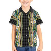 Hawaiian Art Flower Tribal with Lei Family Matching Tank Maxi Dress and Hawaiian Shirt Palaka Pattern Black Color LT03 Son's Shirt Black - Polynesian Pride