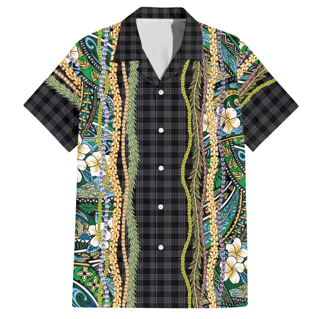 Hawaiian Art Flower Tribal with Lei Hawaiian Shirt Palaka Pattern Black Color - Polynesian Pride