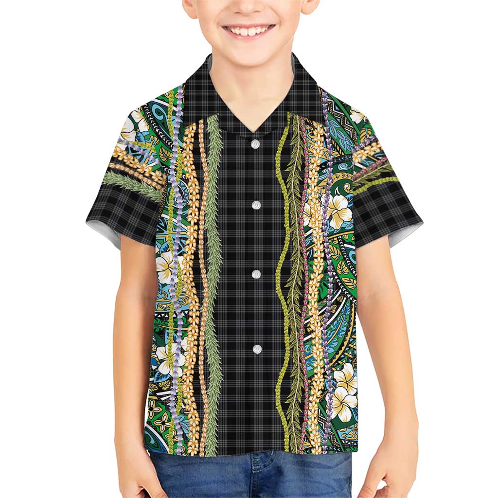 Hawaiian Art Flower Tribal with Lei Hawaiian Shirt Palaka Pattern Black Color - Polynesian Pride