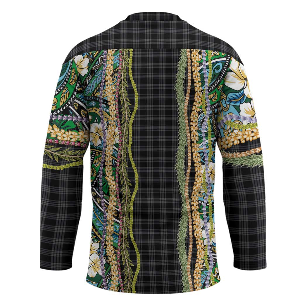 Hawaiian Art Flower Tribal with Lei Hockey Jersey Palaka Pattern Black Color - Polynesian Pride