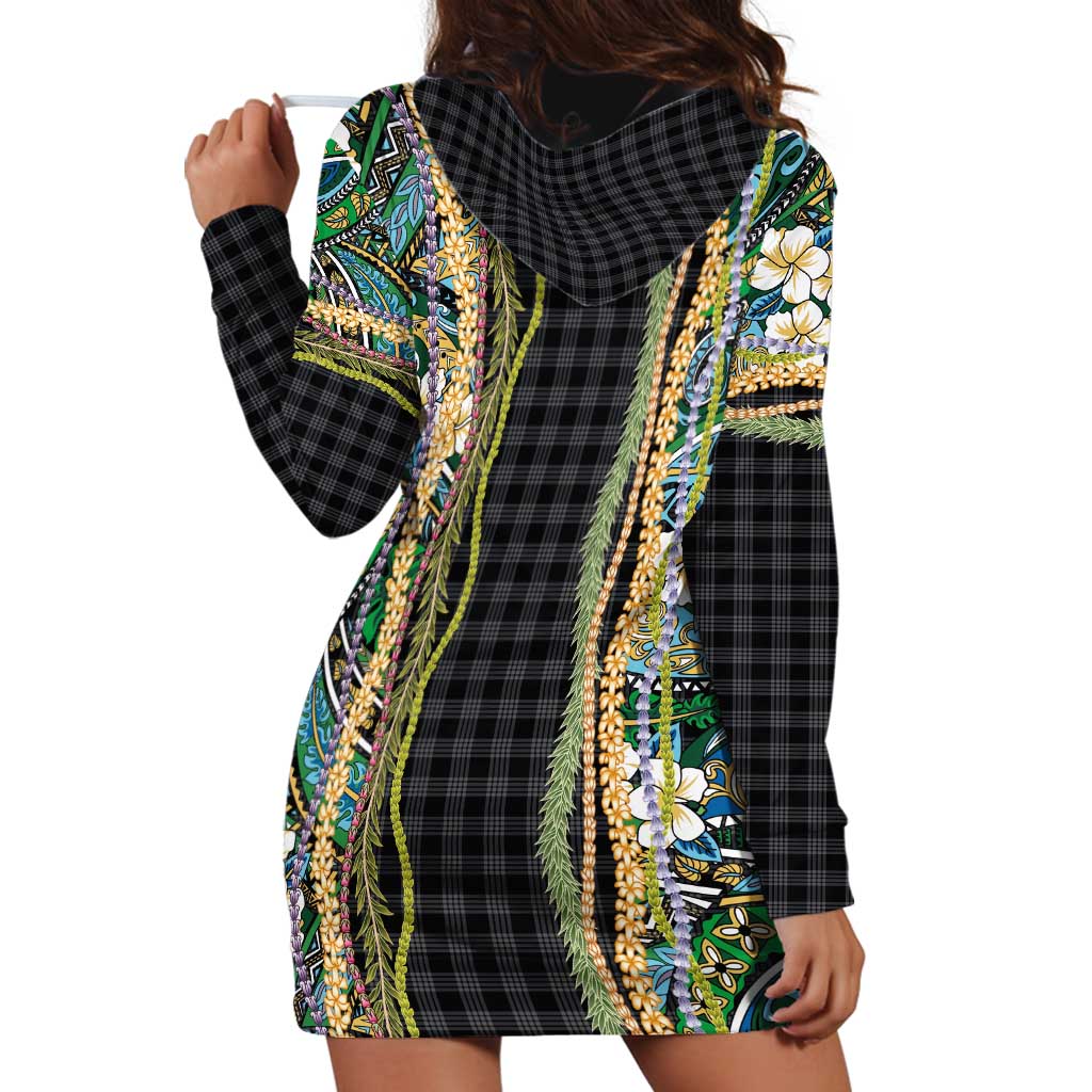Hawaiian Art Flower Tribal with Lei Hoodie Dress Palaka Pattern Black Color - Polynesian Pride