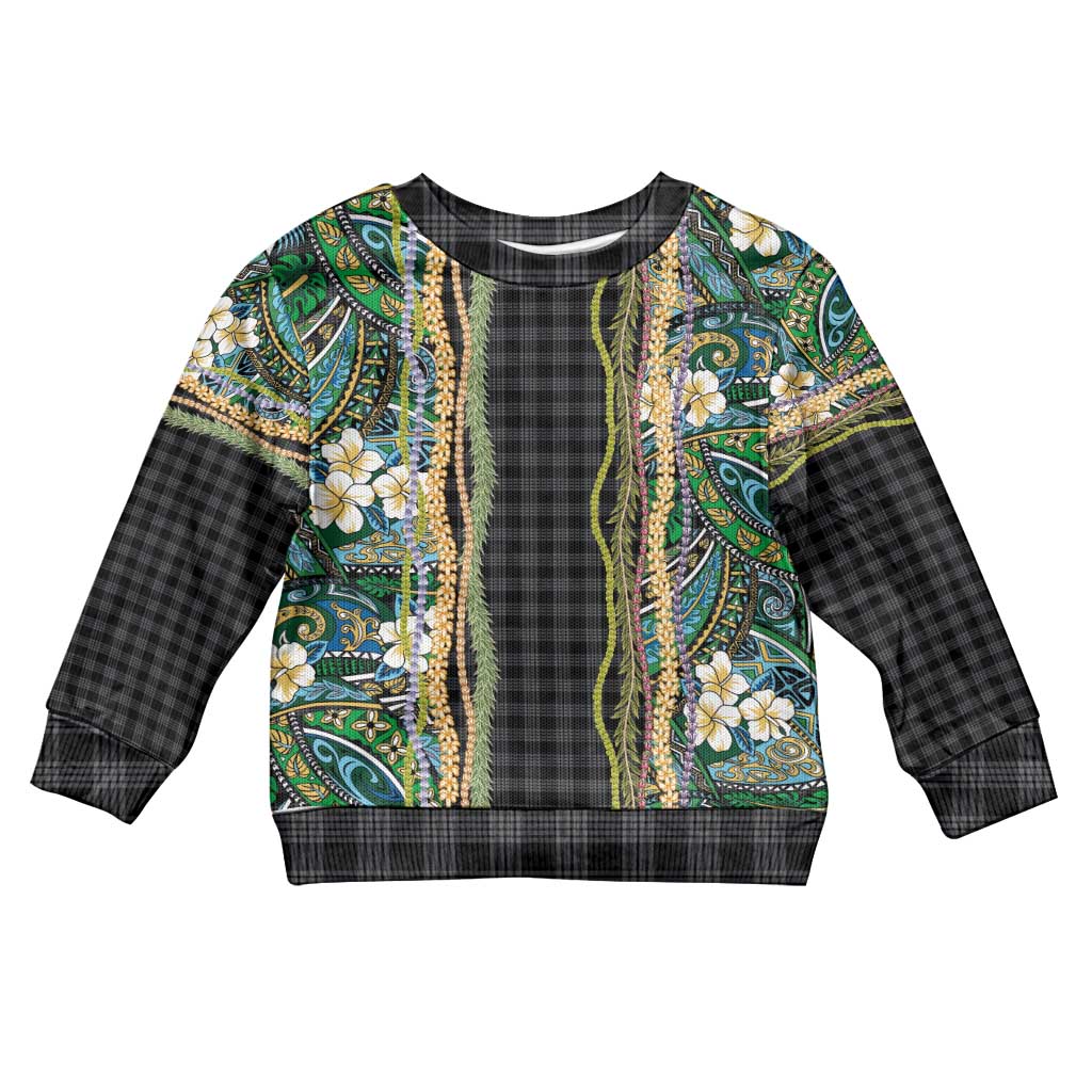 Hawaiian Art Flower Tribal with Lei Kid Ugly Christmas Sweater Palaka Pattern Black Color - Polynesian Pride
