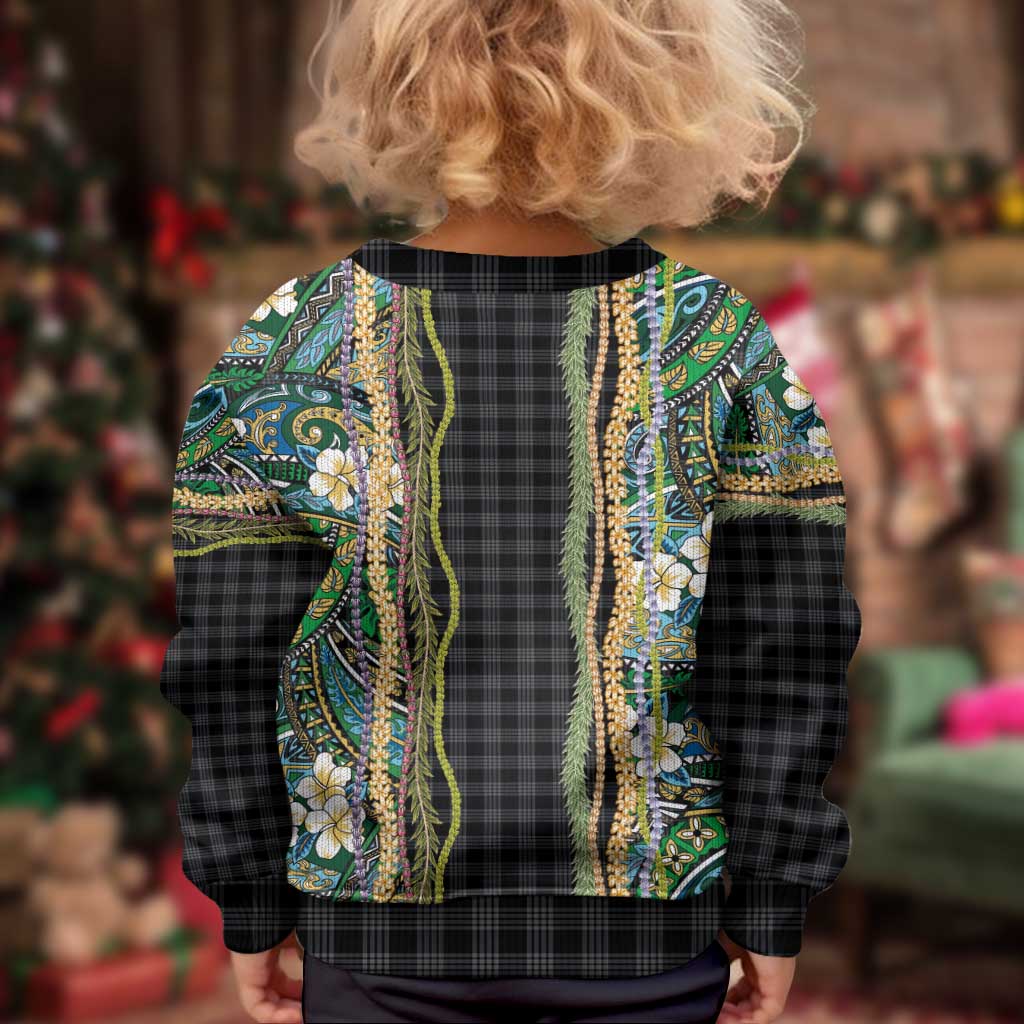 Hawaiian Art Flower Tribal with Lei Kid Ugly Christmas Sweater Palaka Pattern Black Color - Polynesian Pride