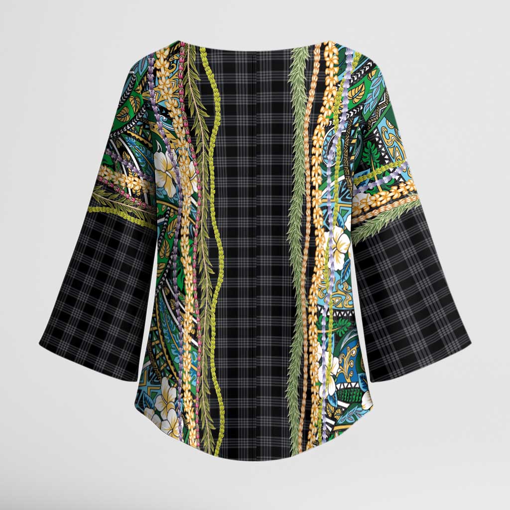 Hawaiian Art Flower Tribal with Lei Kimono Sleeve Blouse Palaka Pattern Black Color - Polynesian Pride