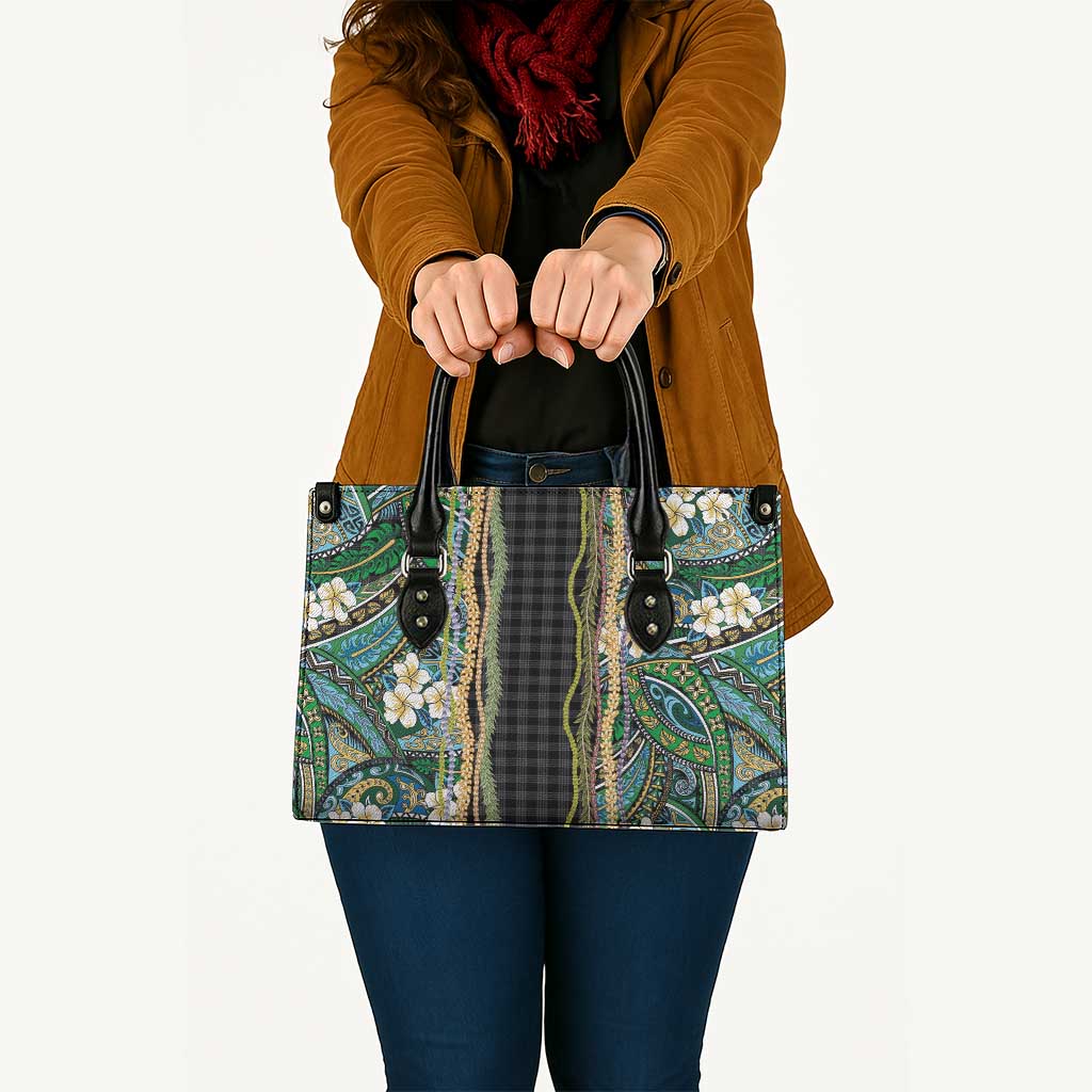 Hawaiian Art Flower Tribal with Lei Leather Bag Palaka Pattern Black Color - Polynesian Pride