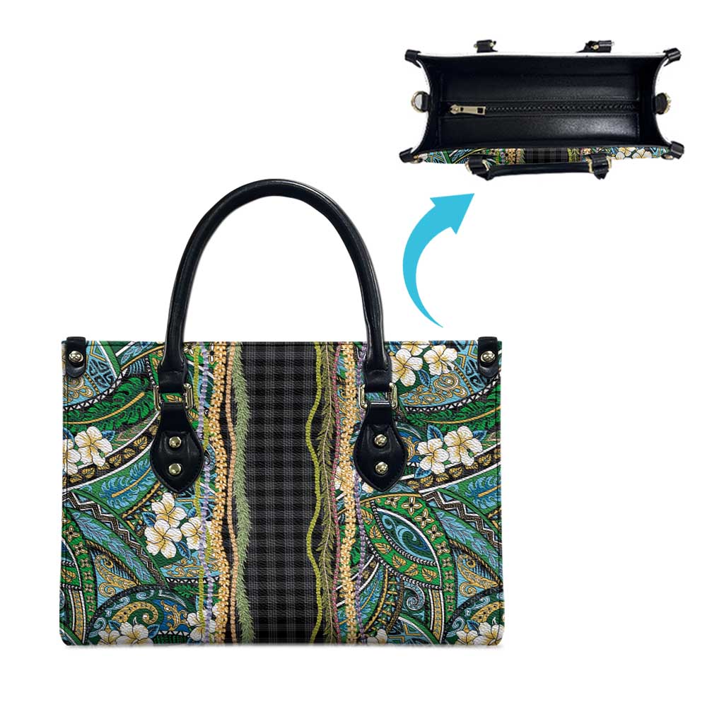 Hawaiian Art Flower Tribal with Lei Leather Bag Palaka Pattern Black Color - Polynesian Pride