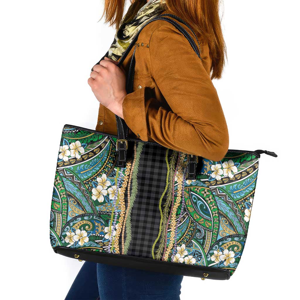 Hawaiian Art Flower Tribal with Lei Leather Tote Bag Palaka Pattern Black Color - Polynesian Pride