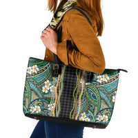Hawaiian Art Flower Tribal with Lei Leather Tote Bag Palaka Pattern Black Color - Polynesian Pride