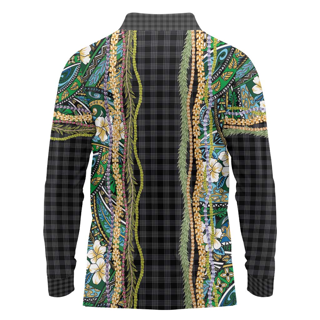 Hawaiian Art Flower Tribal with Lei Long Sleeve Polo Shirt Palaka Pattern Black Color - Polynesian Pride