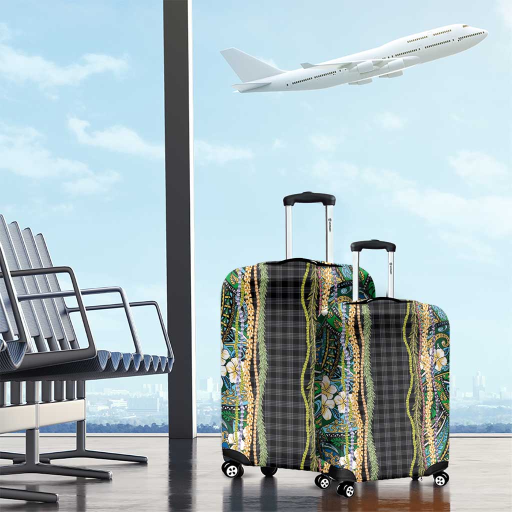 Hawaiian Art Flower Tribal with Lei Luggage Cover Palaka Pattern Black Color - Polynesian Pride