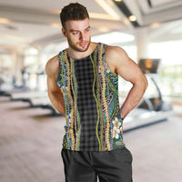 Hawaiian Art Flower Tribal with Lei Men Tank Top Palaka Pattern Black Color - Polynesian Pride