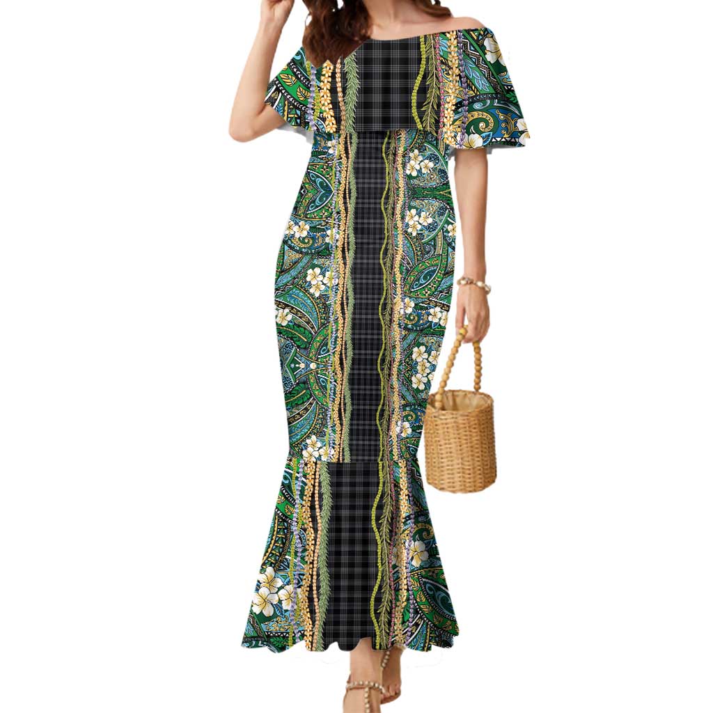 Hawaiian Art Flower Tribal with Lei Mermaid Dress Palaka Pattern Black Color - Polynesian Pride