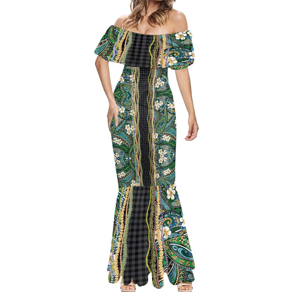 Hawaiian Art Flower Tribal with Lei Mermaid Dress Palaka Pattern Black Color - Polynesian Pride
