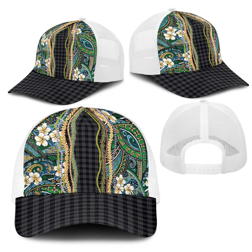 Hawaiian Art Flower Tribal with Lei Mesh Trucker Cap Palaka Pattern Black Color - Polynesian Pride