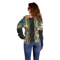 Hawaiian Art Flower Tribal with Lei Off Shoulder Sweater Palaka Pattern Black Color - Polynesian Pride