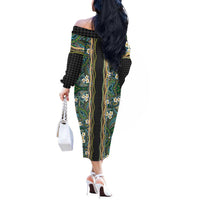 Hawaiian Art Flower Tribal with Lei Off The Shoulder Long Sleeve Dress Palaka Pattern Black Color - Polynesian Pride