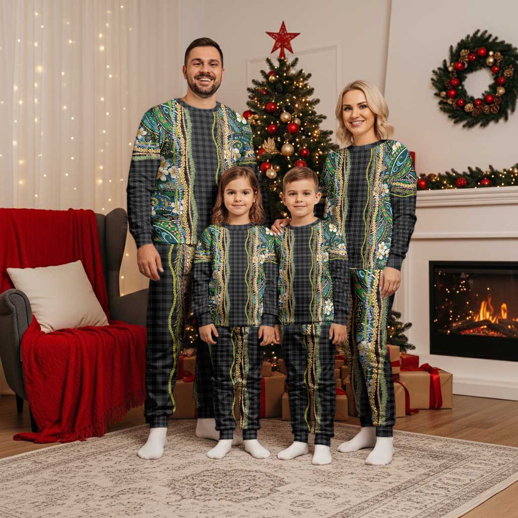 Hawaiian Art Flower Tribal with Lei Christmas Pajama Set Palaka Pattern Black Color - Polynesian Pride