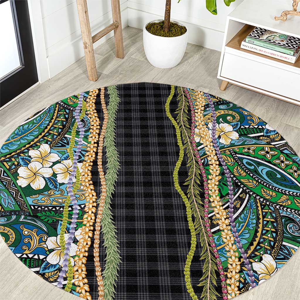 Hawaiian Art Flower Tribal with Lei Round Carpet Palaka Pattern Black Color - Polynesian Pride