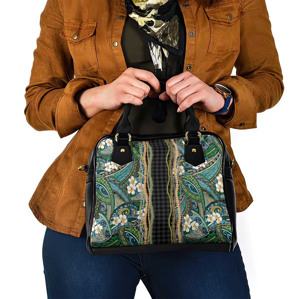 Hawaiian Art Flower Tribal with Lei Shoulder Handbag Palaka Pattern Black Color - Polynesian Pride